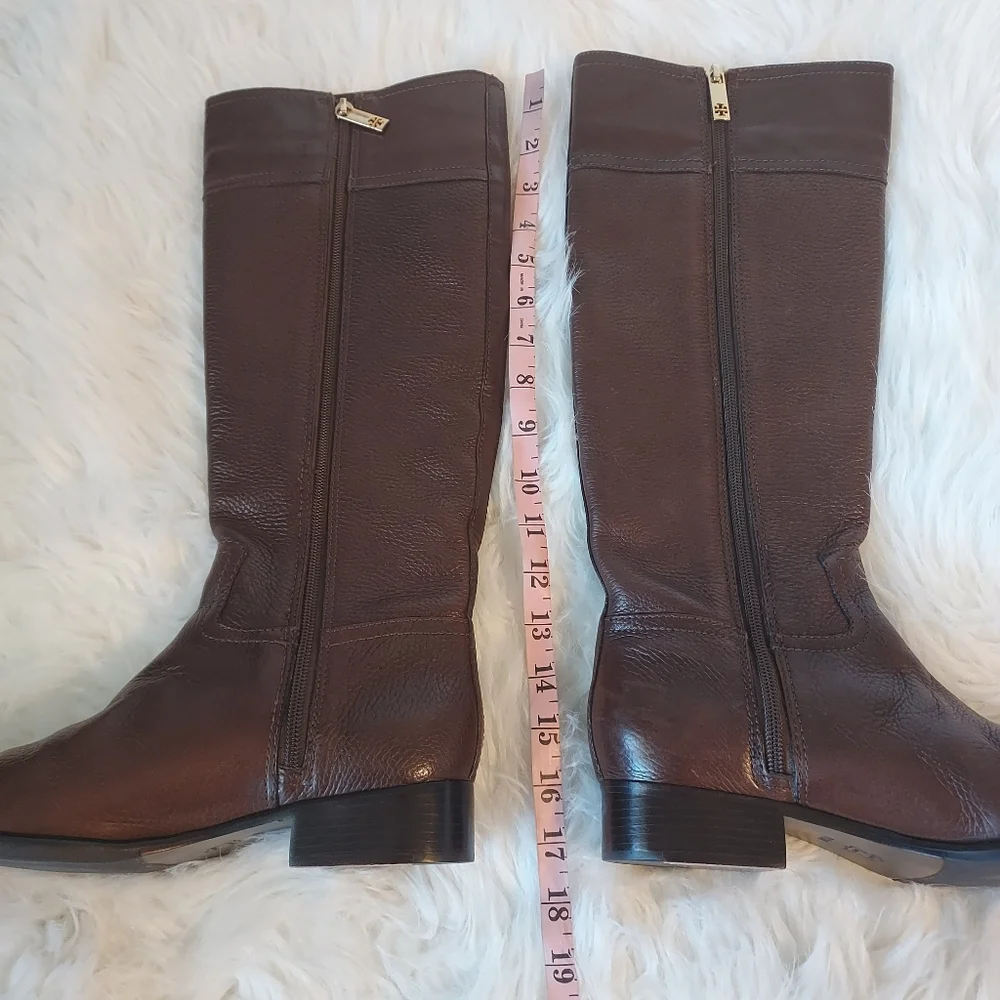 Tory Burch Julian Deep Brown Pebble Leather Riding Boots with Equestrian Style